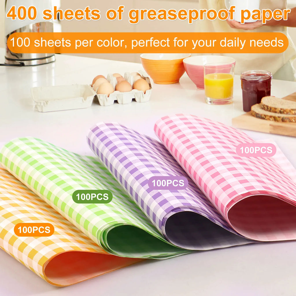 400Pcs Greaseproof Wax Paper Sheets – 4 Colors Food Liners Food Wrapping Paper Nixie