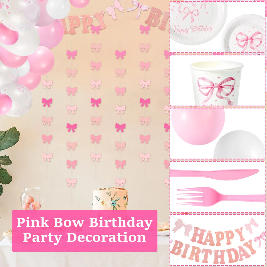 Pink Bow Party Decoration Set – Tableware & Balloons for 20 Party Decoration Set Nixie