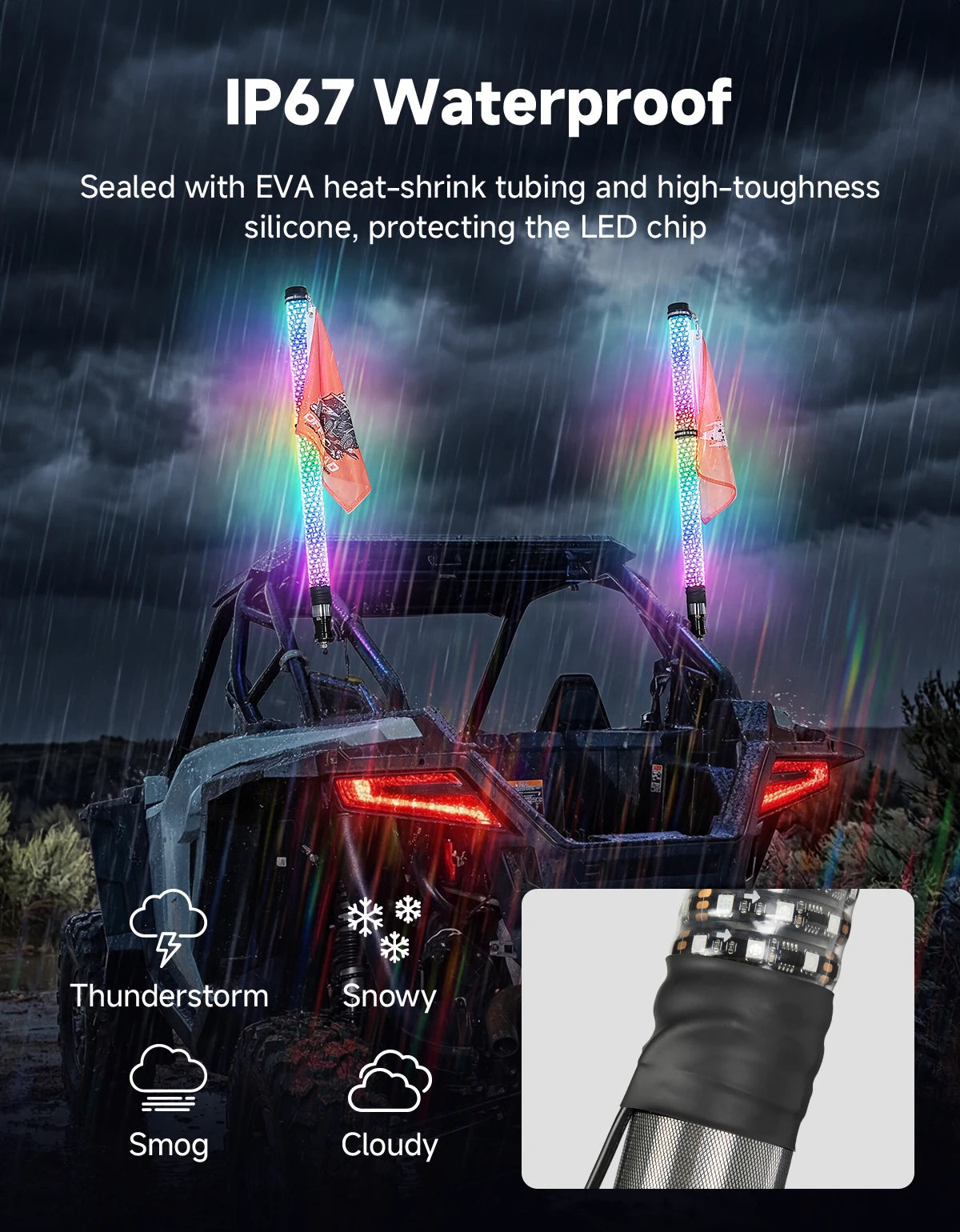 3FT RGB LED Whip Lights for UTV ATV – IP67, Brake & Turn Signal LED Whip Lights Nixie