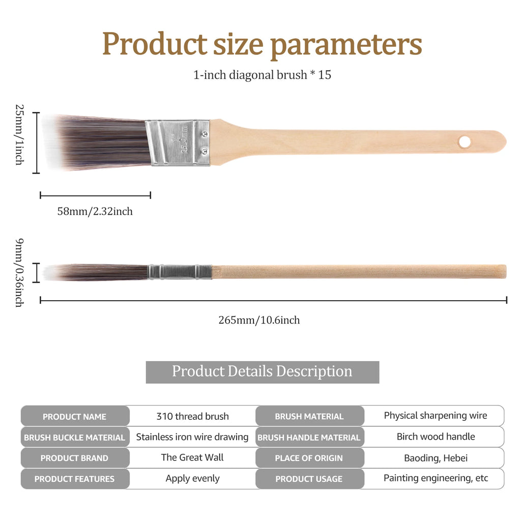 15-Pc 1 Inch Paint Brush Set – Wood Handle, Straight & Slant Paint Brush Set Nixie