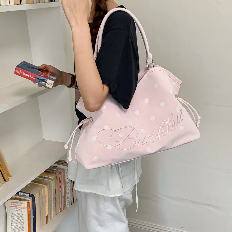 Korean Polka Dot Woven Tote Bag – Large Shoulder Handbag Woven Tote Bag Nixie