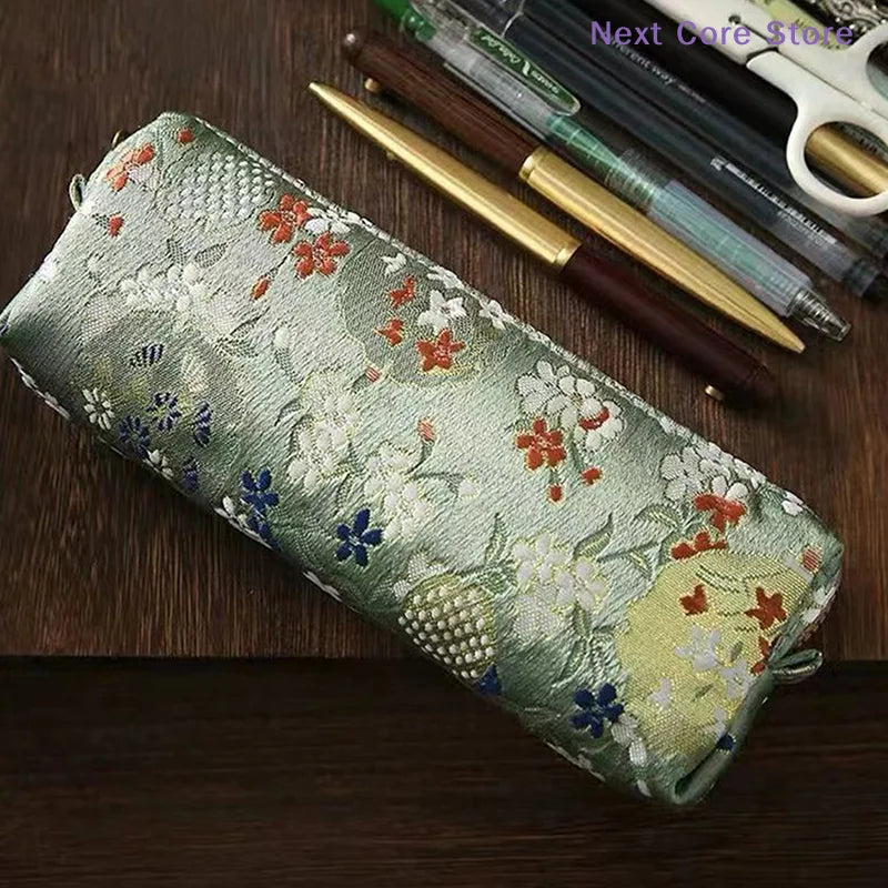 Vintage Embroidery Pencil Case Large Capacity Cotton Linen Pouch Embroidery Pencil Case Nixie