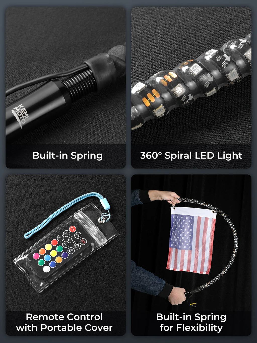 KEMIMOTO 3FT Spiral LED Whip Light | APP & RF Remote | IP67 LED Whip Light Nixie