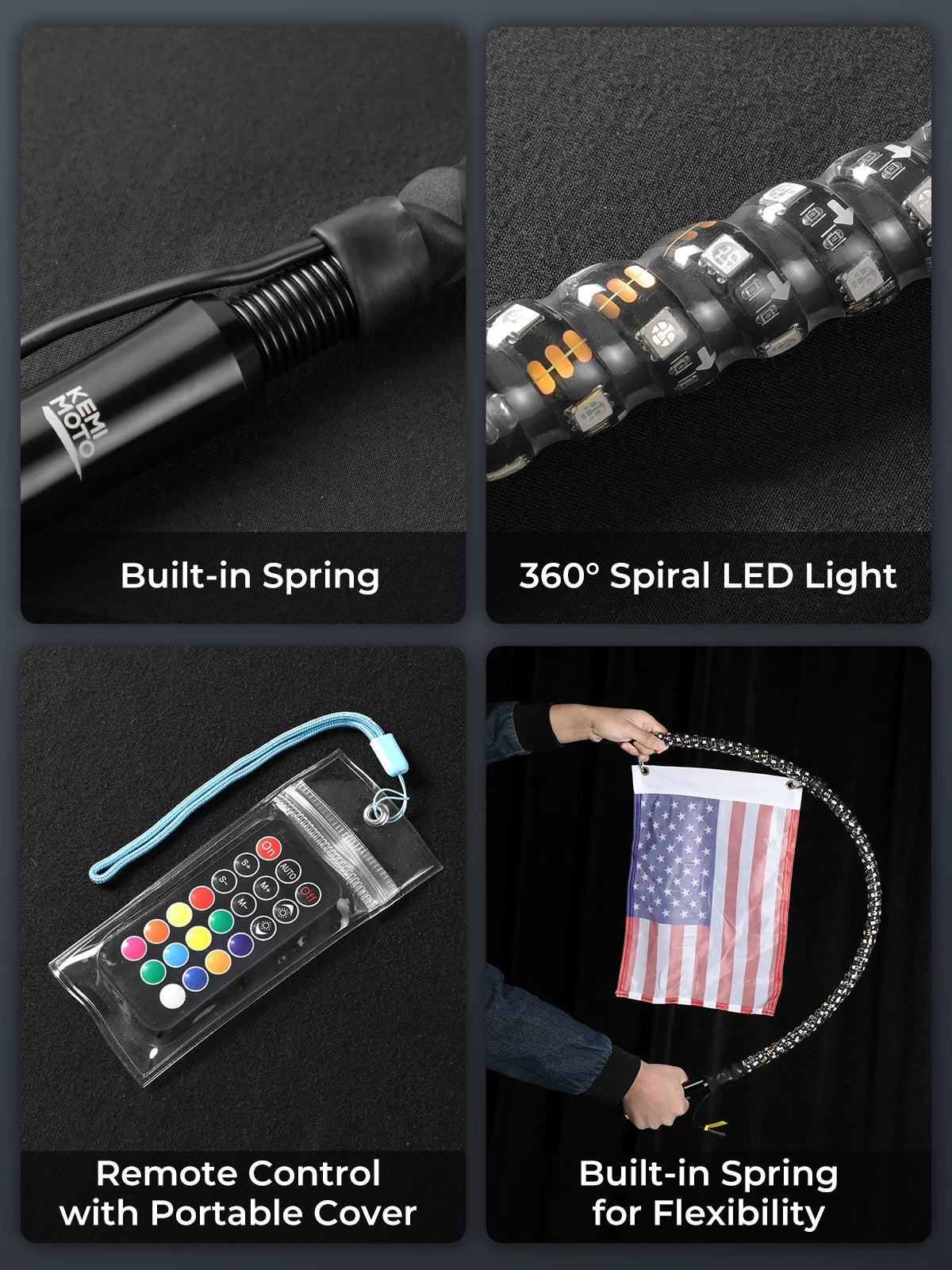 KEMIMOTO 3FT Spiral LED Whip Light | APP & RF Remote | IP67 LED Whip Light Nixie