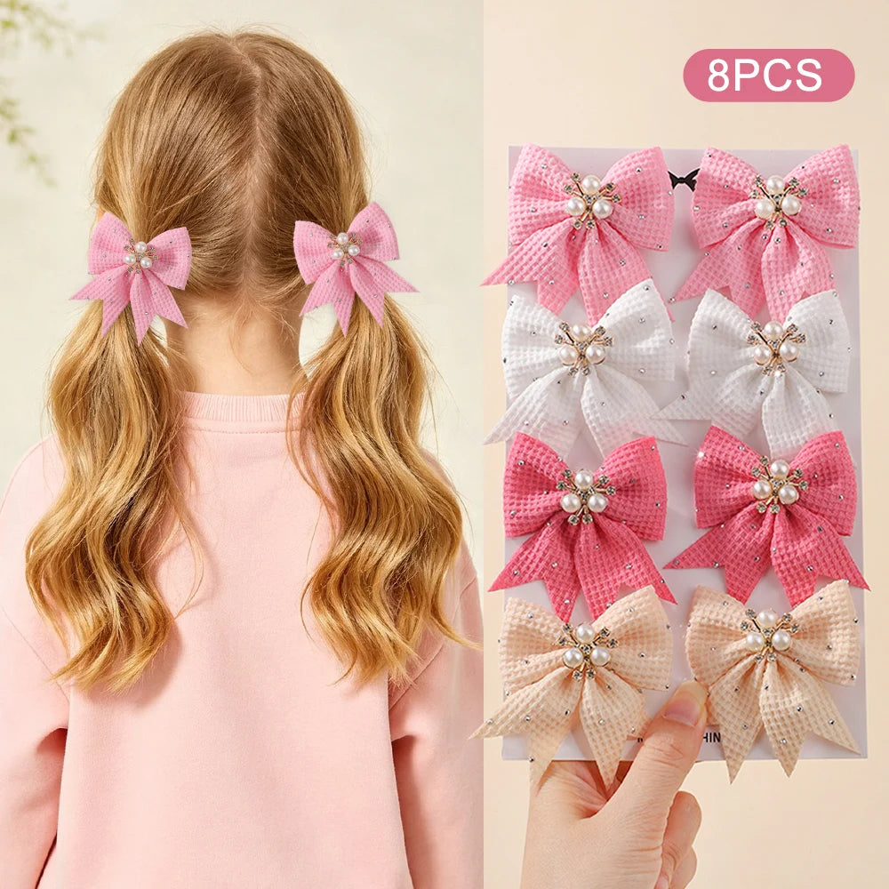 Waffle Fabric Pearl Rhinestone Bow Hair Clips 4 Pairs Girls Bow Hair Clips Nixie