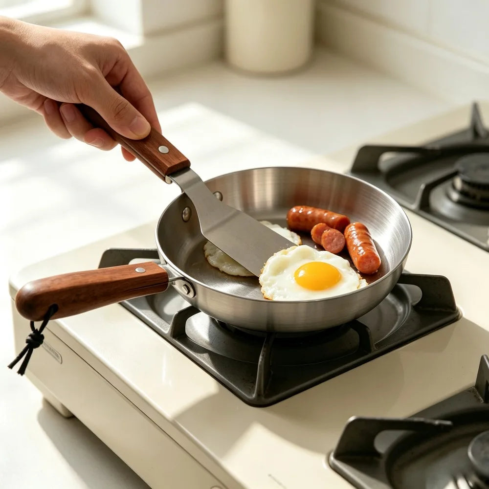 Nonstick Stainless Steel Frying Pan & Spatula Set | Wooden Handle Frying Pan Set Nixie