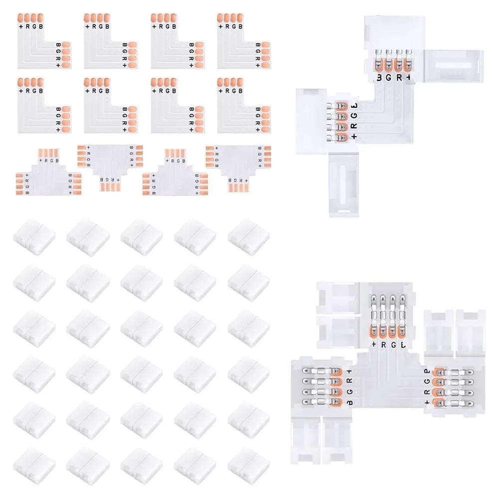 30pcs LED Strip Connectors 8mm/10mm L-Shape 3-Pin & 4-Pin