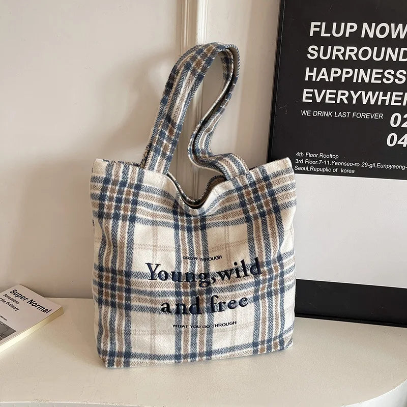 Retro Plaid Color-Block Tote Bag with Letter Embroidery Shoulder Tote Bag Nixie