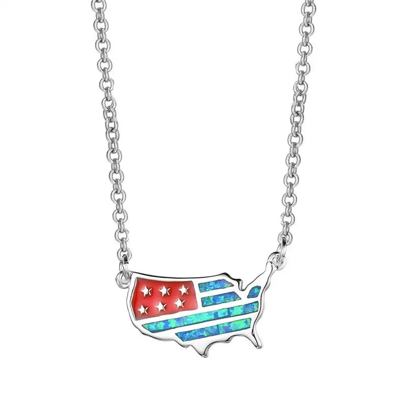 American Map Fire Opal Pendant Necklace | Gold Filled Choker Pendant Necklace Nixie Blue Zinc