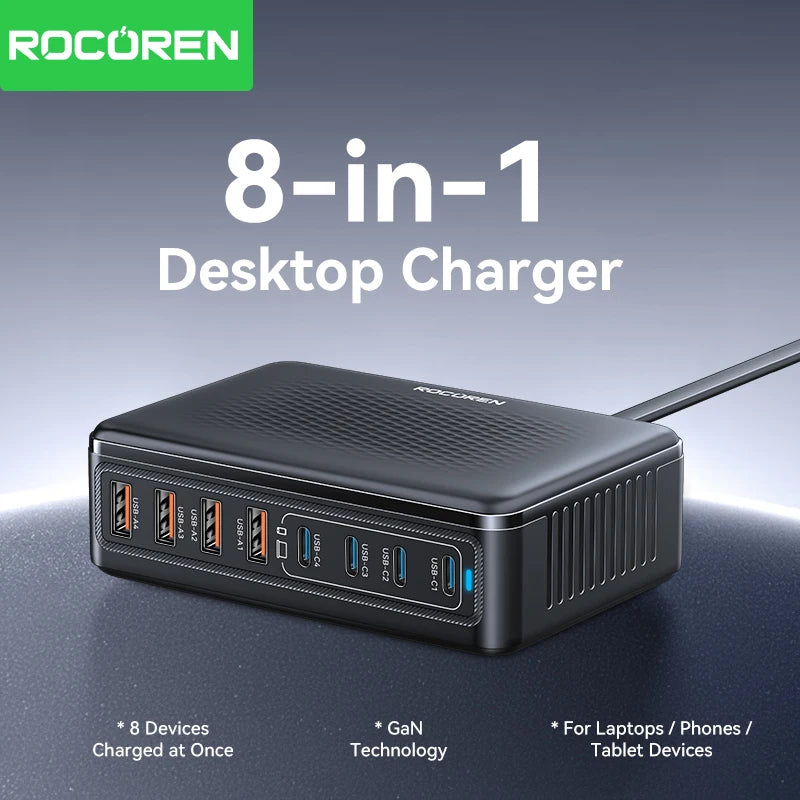 Rocoren 200W GaN 8-in-1 Desktop USB-C Fast Charging Station GaN Desktop Charger Nixie