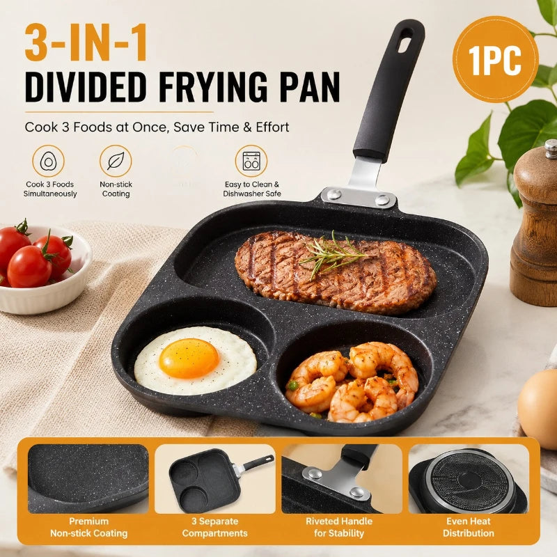 3-in-1 Non-Stick Divided Skillet | Stone Coating Breakfast Pan