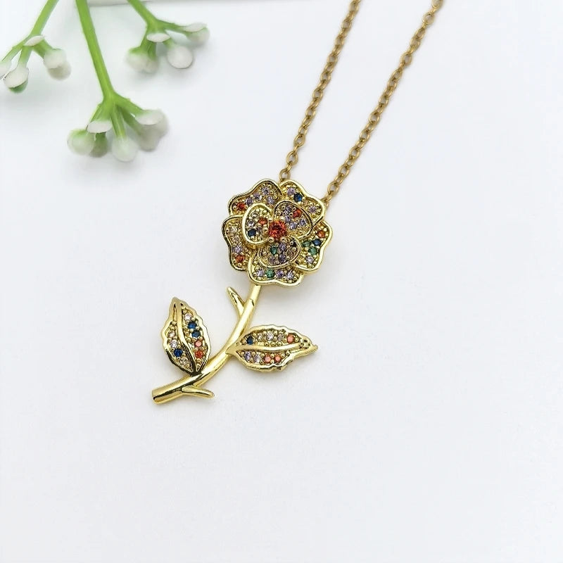 Zircon Flower Pendant Necklace | Gold Stainless Steel | Nixie Pendant Necklace Nixie