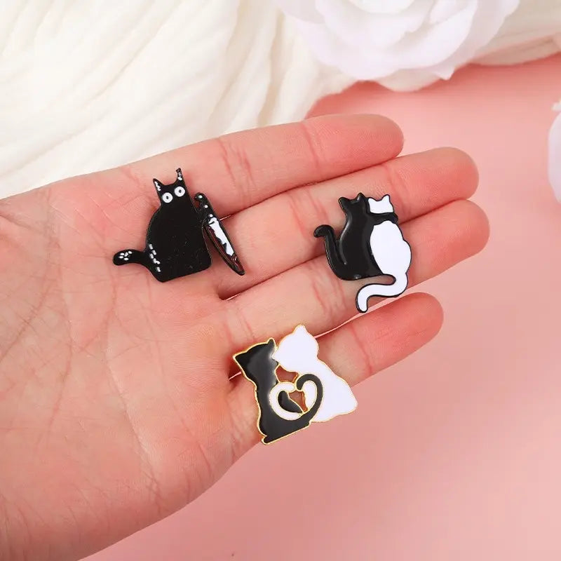 3pc Cartoon Cat Brooch Set – Unisex Black & White Pin Badge Fashion Brooch Set Nixie