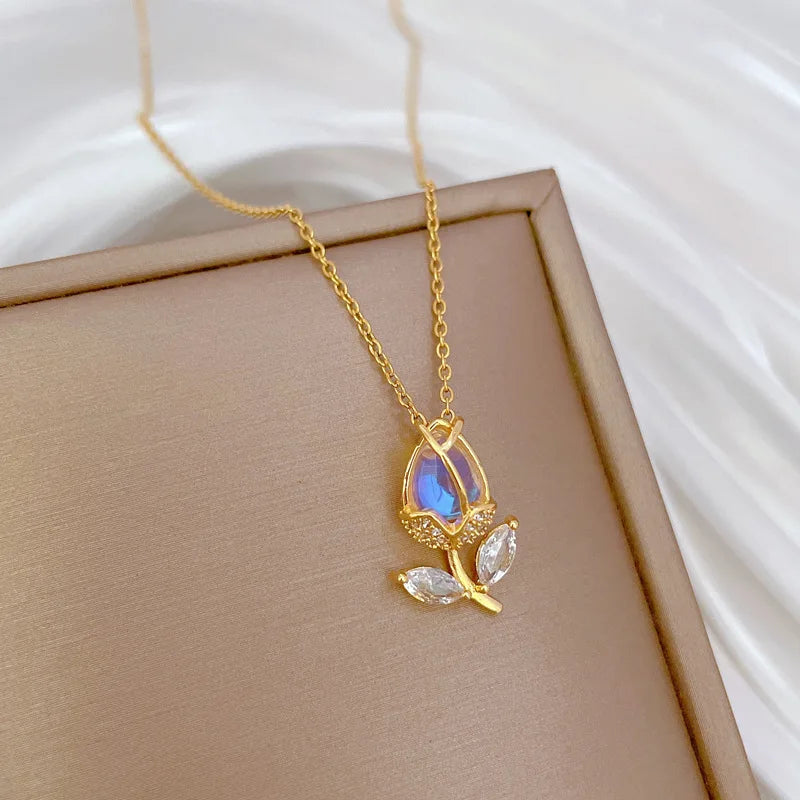 Flower Pendant Necklace | Gold Stainless Steel Clavicle Chain Pendant Necklace Nixie