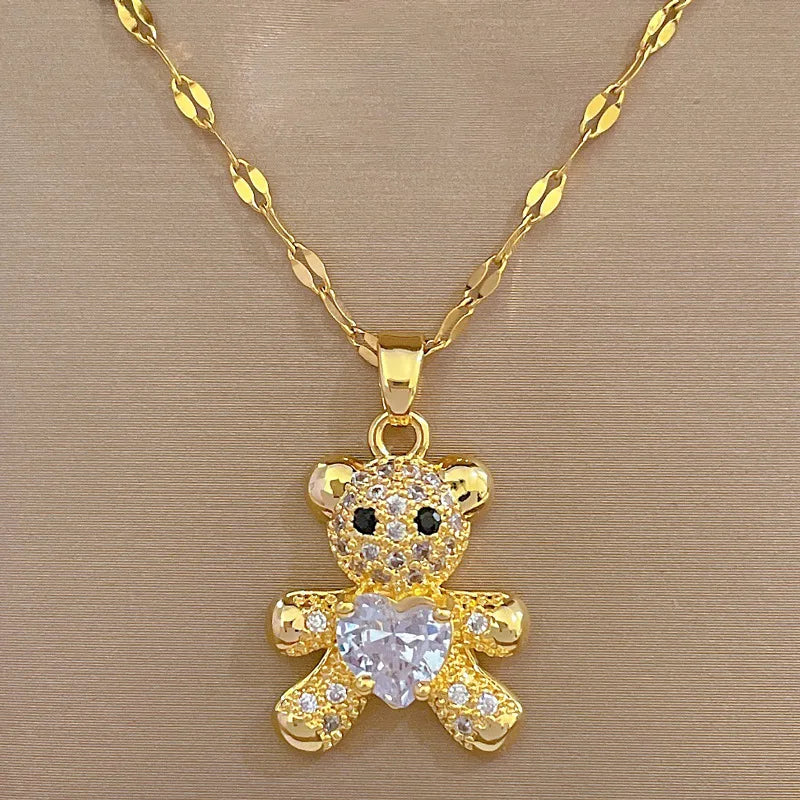 Heart Bear Pendant Choker Necklace – Gold Stainless Steel Pendant Choker Necklace Nixie