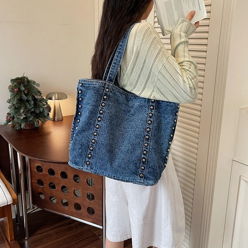Retro Rivet Denim Shoulder Bag Large Capacity Women's Tote Shoulder Tote Bag Nixie