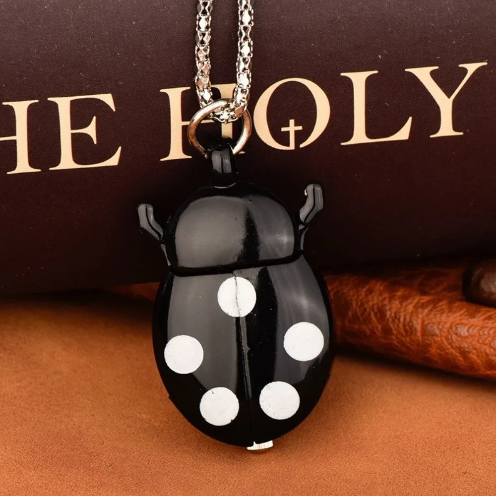 Cute Ladybug Pocket Watch with Chain – Quartz Beetle Design Pocket Watch Nixie Black