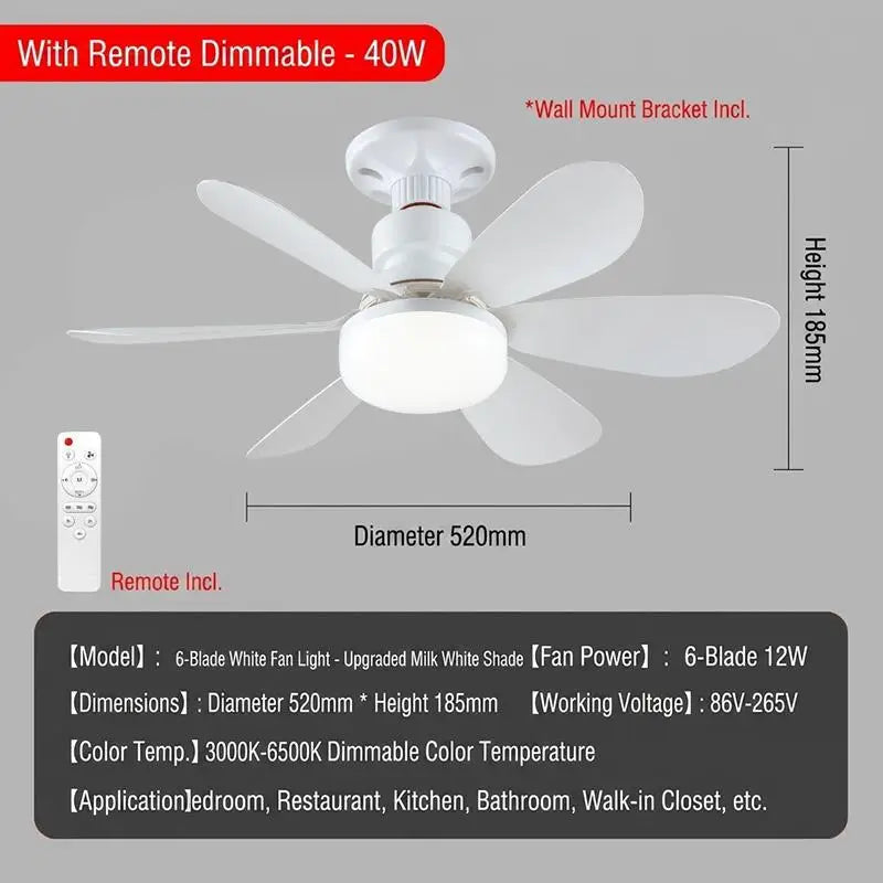 E27 LED Ceiling Fan Light Dimmable Remote Control 2-in-1 Ceiling Fan Light Nixie