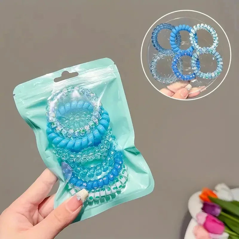 6-Pack Spiral Elastic Hair Ties – Colorful Telephone Wire Bands Elastic Hair Ties Nixie Blue