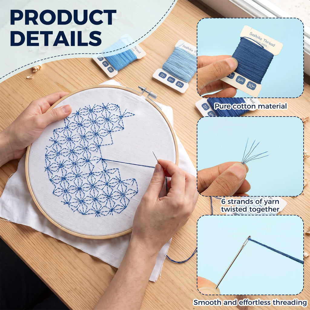 Sashiko Thread & Needle Kit – 300m Pure Cotton Embroidery Set Embroidery Thread Kit Nixie