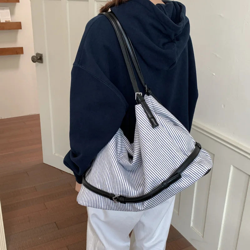 Korean Striped Canvas Tote Bag – Large Women's Shoulder Bag Canvas Shoulder Tote Nixie