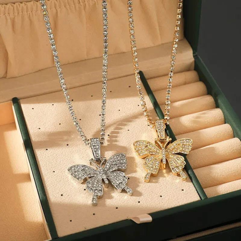 2PCS Butterfly Pendant Necklace – Gold & Silver Rhinestone Set
