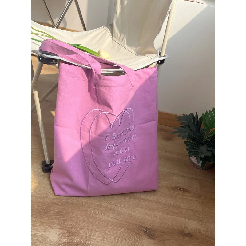 Korean Heart Embroidery Canvas Tote Bag – Large Capacity Canvas Tote Bag Nixie
