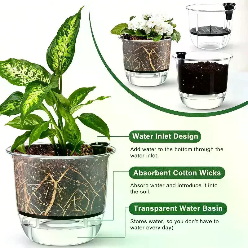 3-Pack Self-Watering Indoor Plant Pots – BPA-Free Clear Planters Self-Watering Planters Nixie