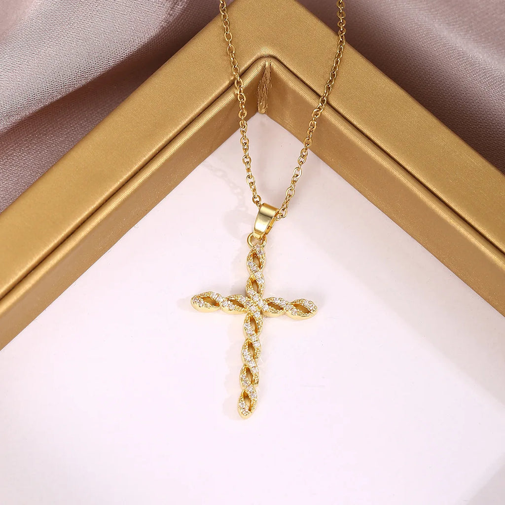 Vintage 3D Twist Cross Pendant Necklace – Copper & Rhinestone Pendant Necklace Nixie