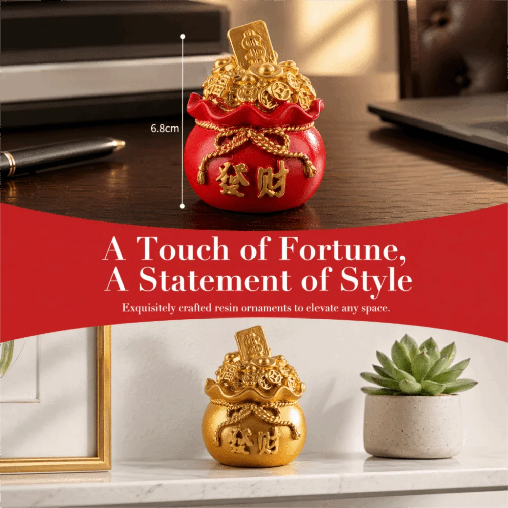 Resin Fortune Pouch Ornament – 4 Carved Designs, Red & Gold