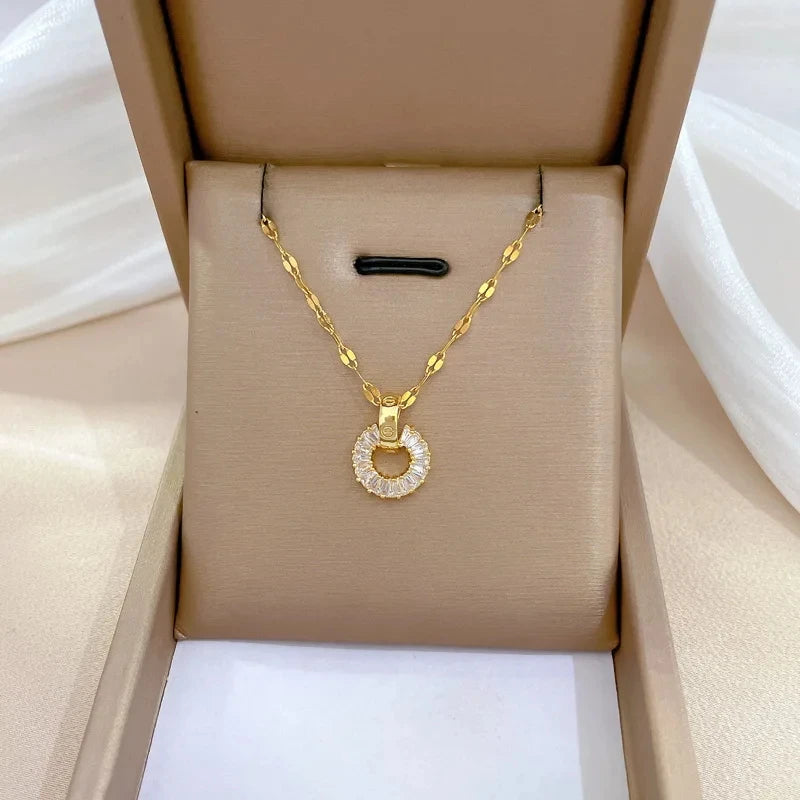 Women's Zircon Round Pendant Necklace | Gold Stainless Steel Pendant Necklace Nixie