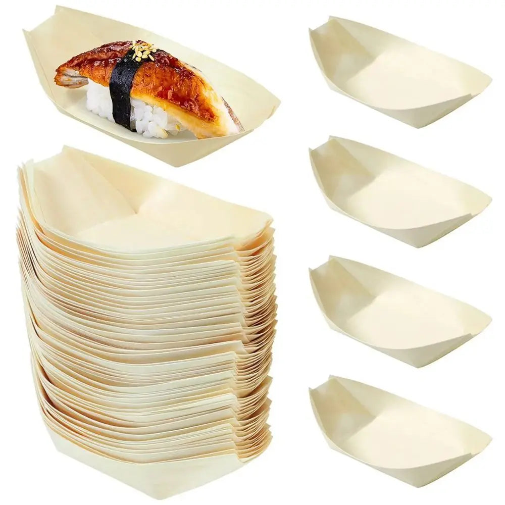50PCS Disposable Wooden Boat-Shaped Plates | Multi-Size Trays Disposable Serving Plates Nixie