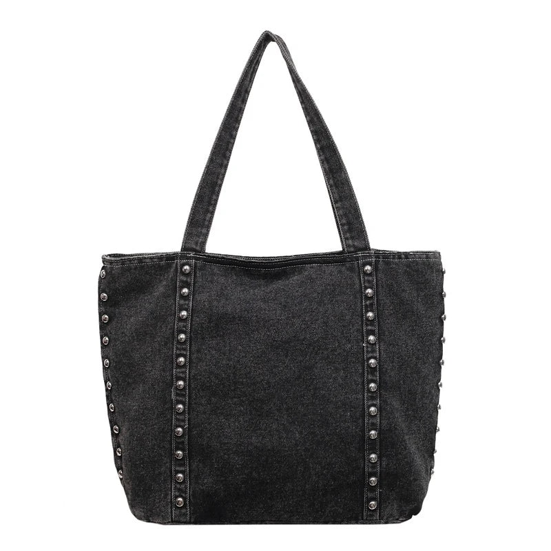 Retro Rivet Denim Shoulder Bag Large Capacity Women's Tote Shoulder Tote Bag Nixie