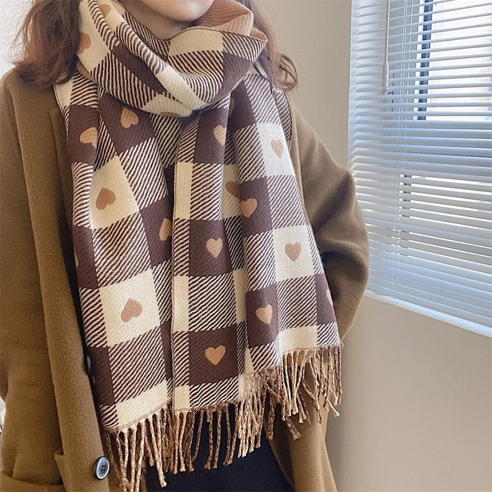 Women's Love Heart Plaid Tassel Scarf – Imitation Cashmere Women's Scarf Shawl Nixie