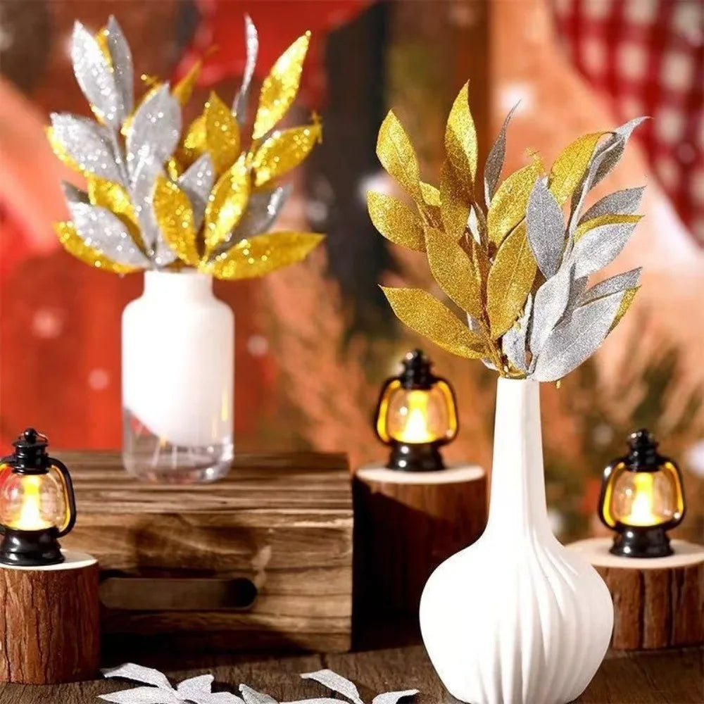 10Pcs Glitter Artificial Silk Leaves Christmas Tree & Holiday Decor Artificial Leaf Decor Nixie