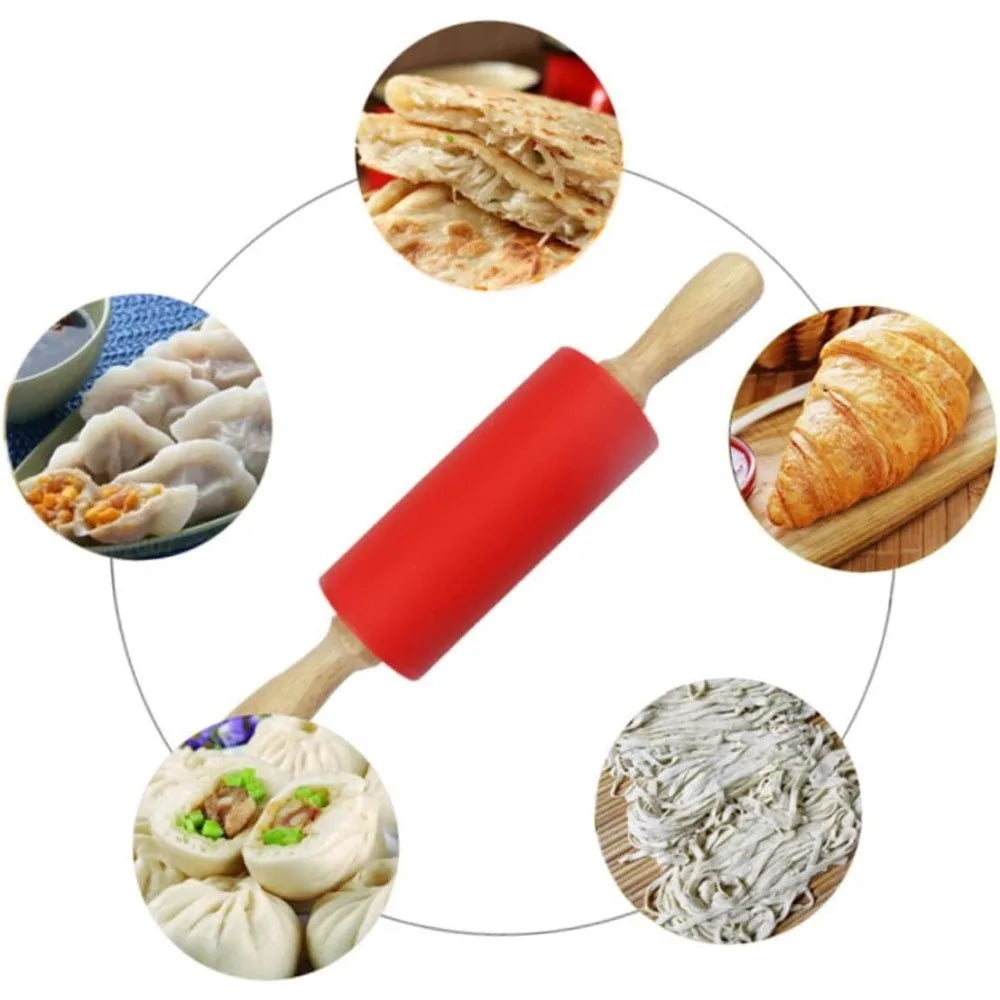 Non-Stick Silicone Rolling Pin with Wooden Handle | Baking Tool Silicone Rolling Pin Nixie