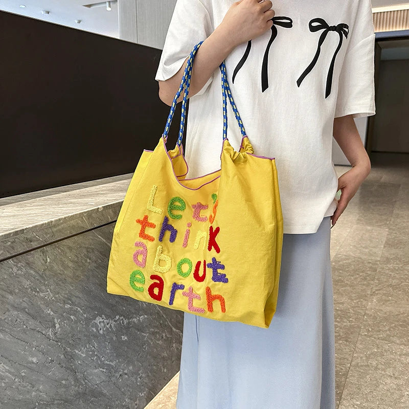 Korean Style Large Canvas Tote Bag – Letter Embroidered Canvas Tote Bag Nixie