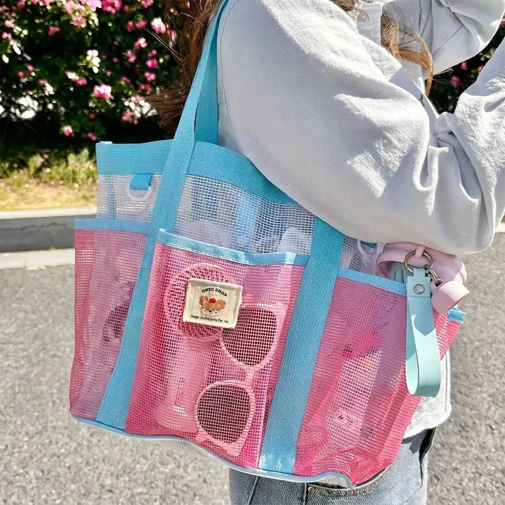 Large Mesh Beach Tote Bag – Multi-Pocket Shoulder Bag