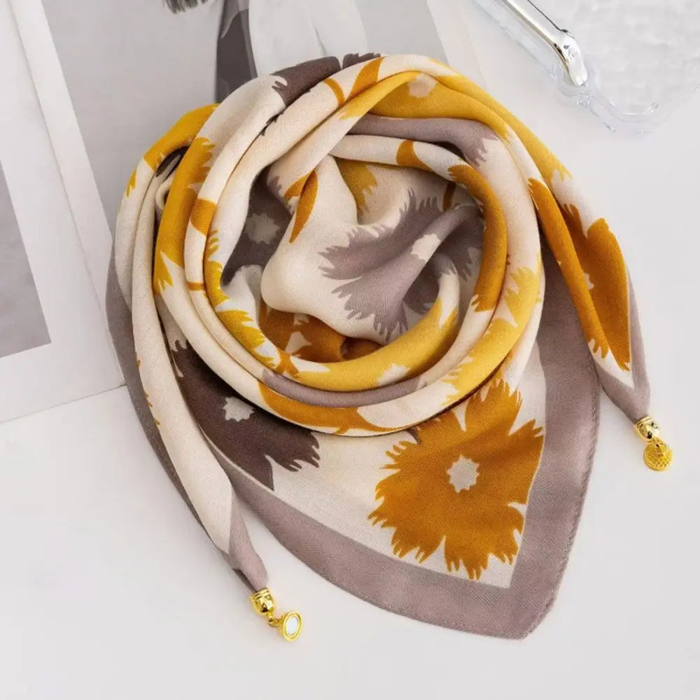 Magnetic Buckle Floral Square Silk Scarf with Tassel | Nixie Fashion Scarf Nixie