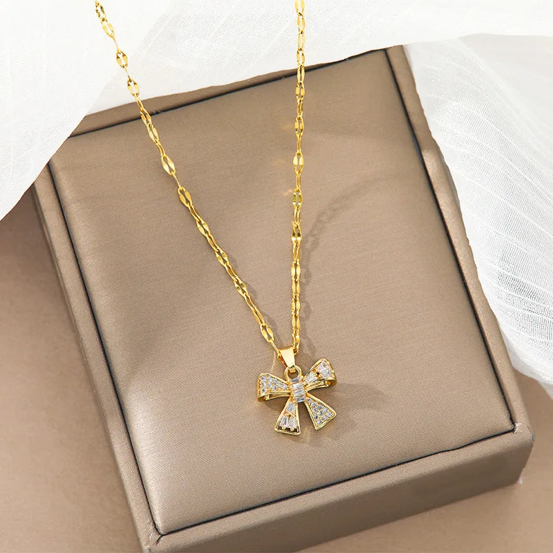 Zircon Bowknot Pendant Necklace | Gold Stainless Steel Chain Pendant Necklace Nixie