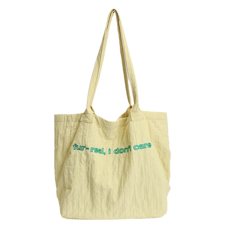 Pleated Letter Embroidery Tote Bag – Large Capacity Shoulder Bag Embroidery Tote Bag Nixie BB-1246 Yellow