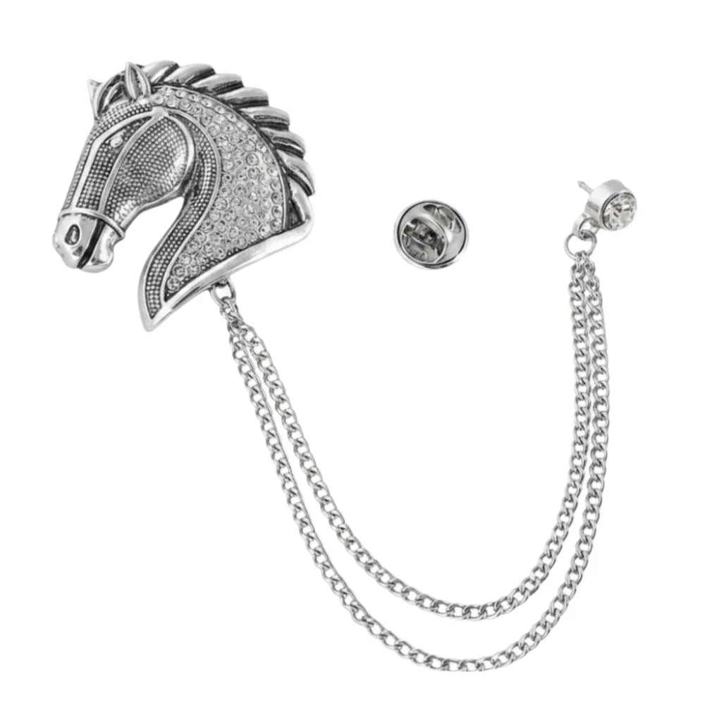 Vintage Horse Head Brooch with Chain | Zinc Alloy Animal Pin Animal Brooch Pin Nixie Silver