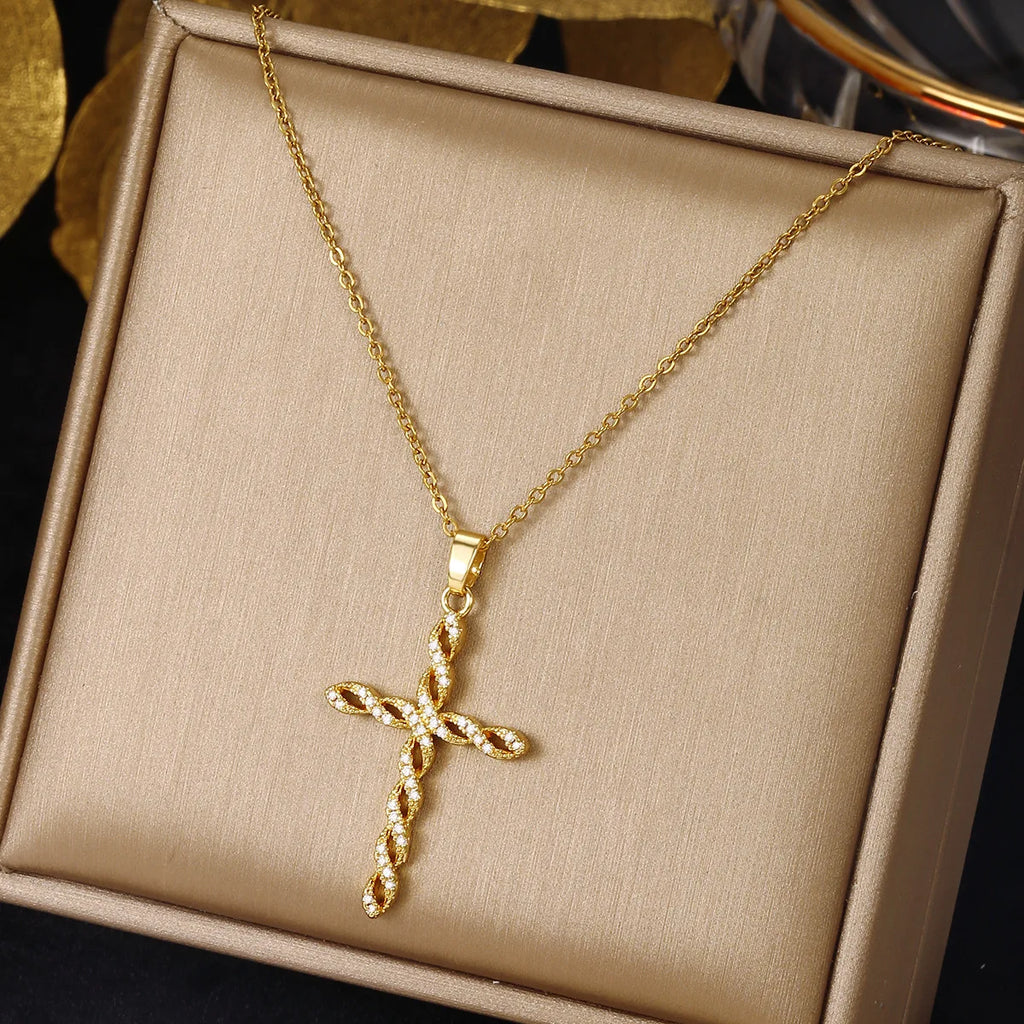 Vintage 3D Twist Cross Pendant Necklace – Copper & Rhinestone Pendant Necklace Nixie