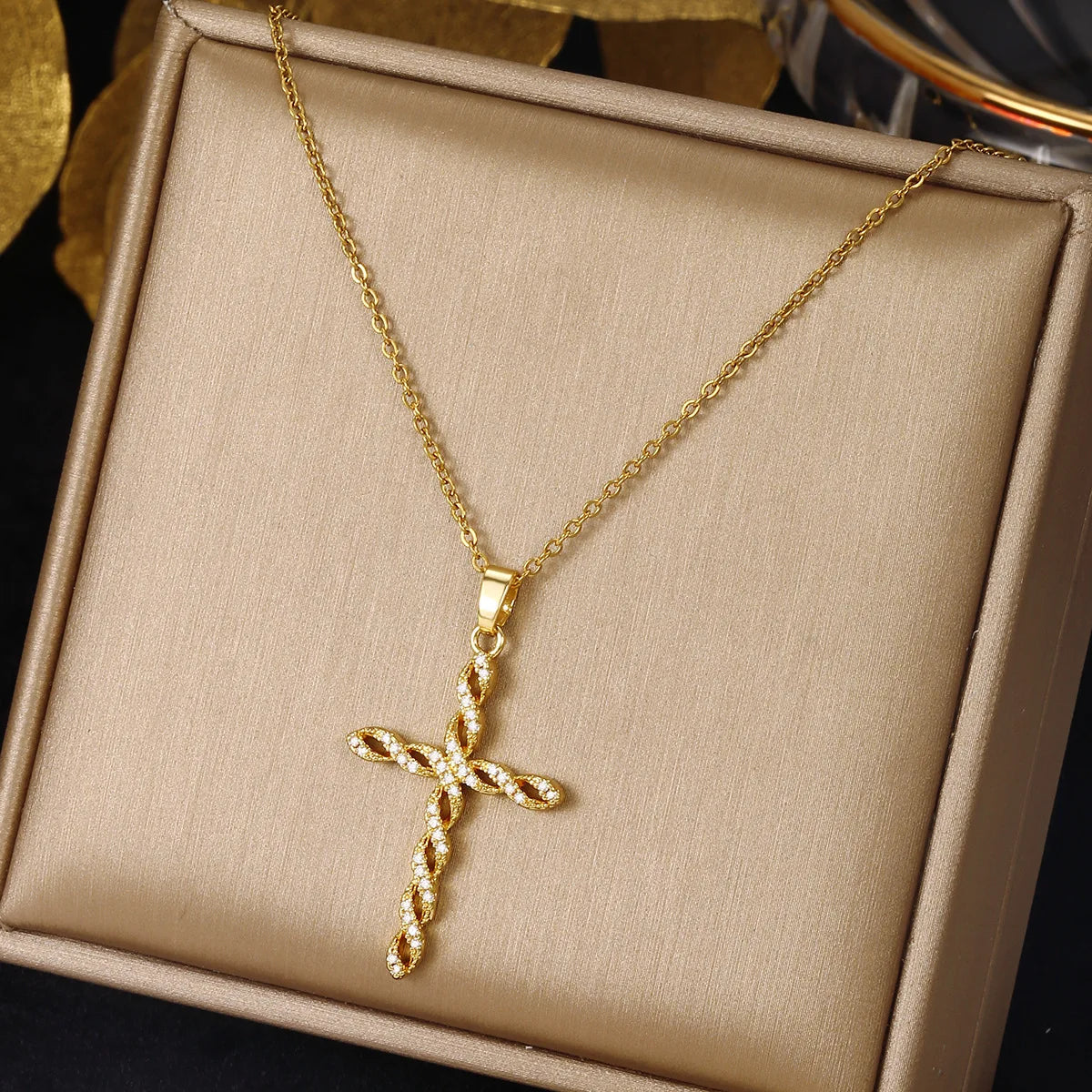 Vintage 3D Twist Cross Pendant Necklace – Copper & Rhinestone Pendant Necklace Nixie