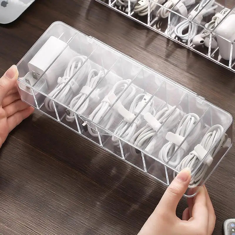 Dustproof Cable Organizer Box – 8-Compartment Clear Desktop Storage