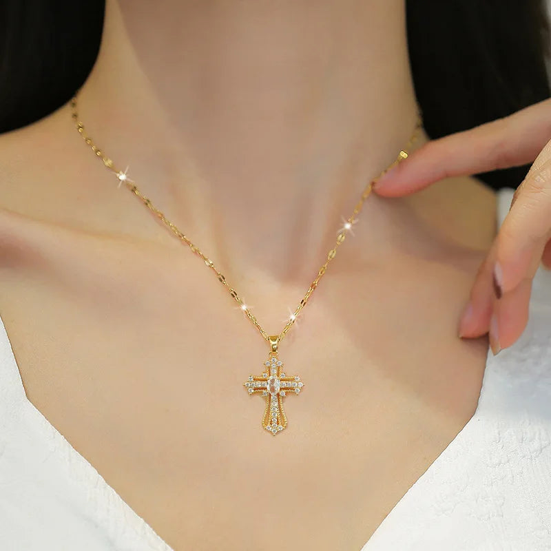 Women's Gold Cross Pendant Necklace – Stainless Steel Choker