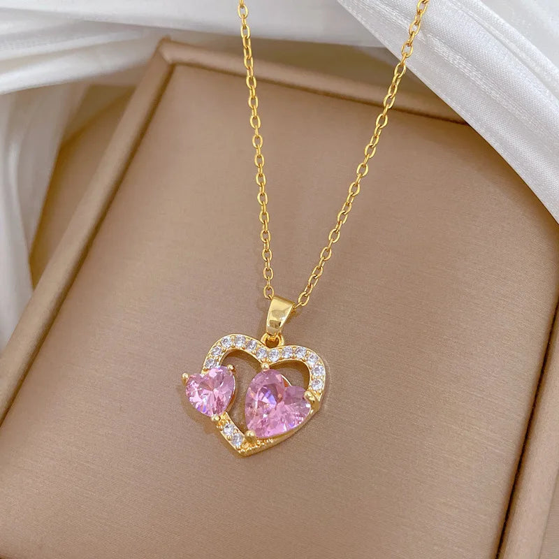 Heart Zirconia Pendant Necklace | Gold Stainless Steel Chain Pendant Necklace Nixie