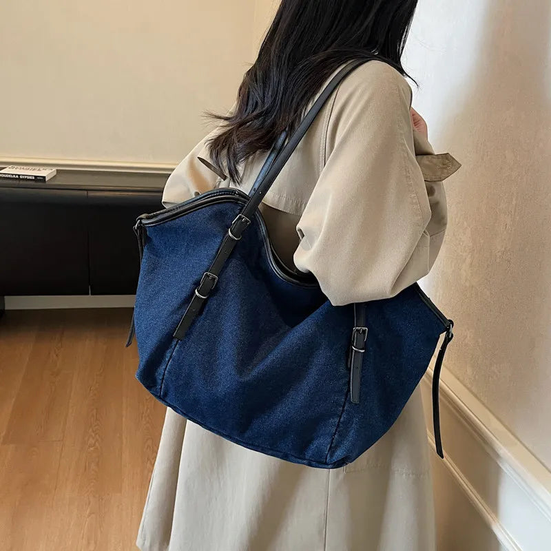 Nixie Denim Tote Bag – Large Women's Shoulder Bag for Work Denim Tote Bag Nixie