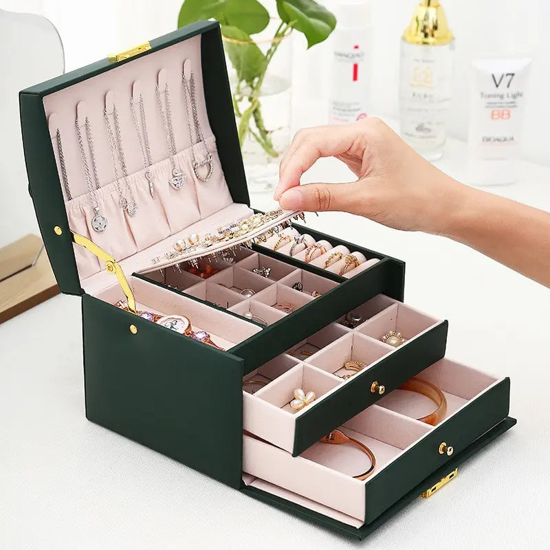 3-Layer Leather Drawer Jewelry Box with Lock | Earring Storage