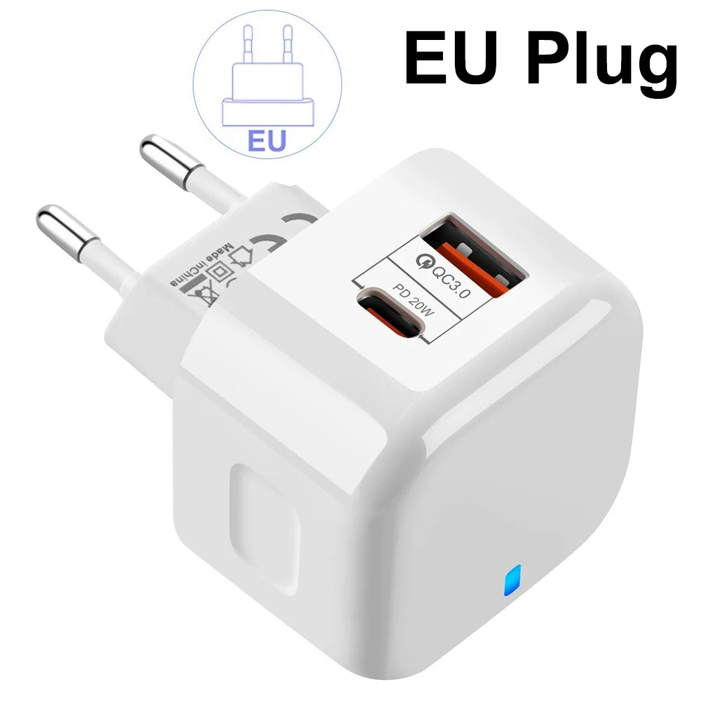 20W Dual Port USB-C PD Wall Charger EU/US/UK – Fast Charging